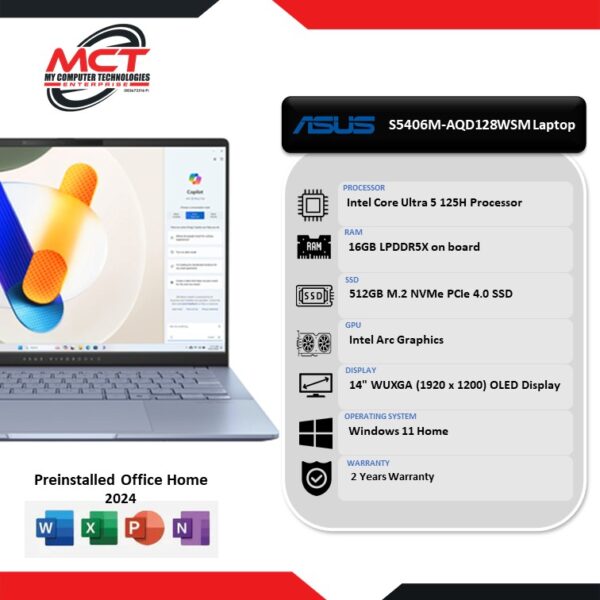 ASUS Vivobook S14 S5406M-AQD128WSM 14'' WUXGA OLED Laptop (CU5-125H, 16GB LPDDR5X, 512GB SSD, Intel Arc, W11, HS+M365, 2Y)