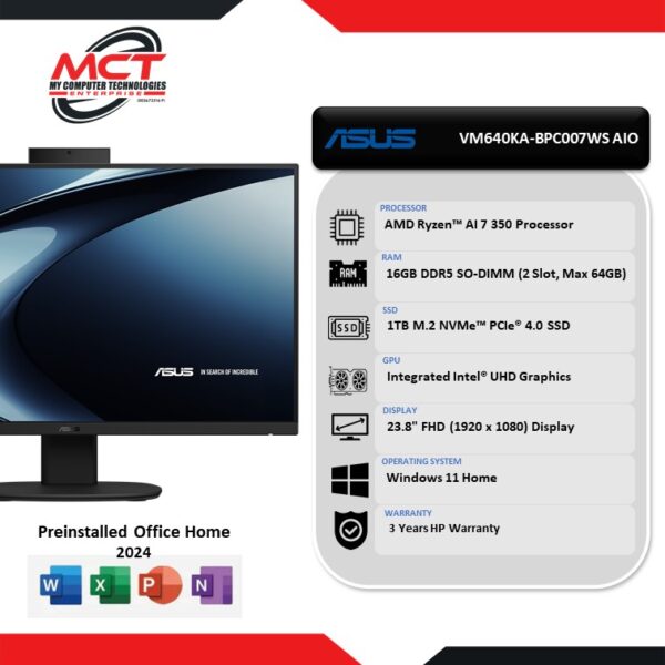 Asus AIO VM640KA-BPC007WS 23.8" FHD All-In-One Desktop PC Black (AI 7 350, 16GB DDR5, 1TB SSD, ATI, W11, HS+M365, 3Y)