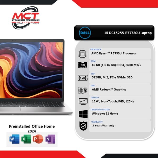 Dell 15 DC15255-R77730U-16GB-512GB-W11H 15.6" FHD IPS Laptop Platinum Silver (R7-7730U, 16GB DDR4, 512GB, ATI, W11,HS+M365, 2Y)