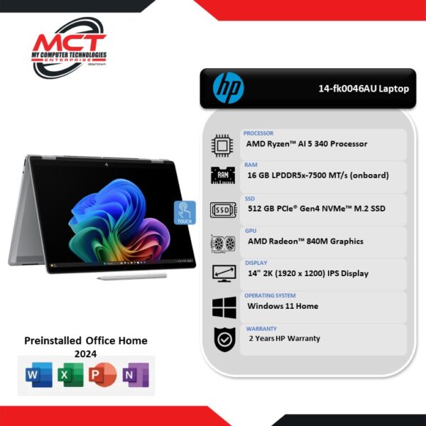 HP OmniBook X FlipNGAI 14-fk0046AU 14" 2K Touch Laptop Glacier Silver (AI 5 340, 16GB LPDDR5x, 512GB SSD, ATI, W11, HS+M365, 2Y)