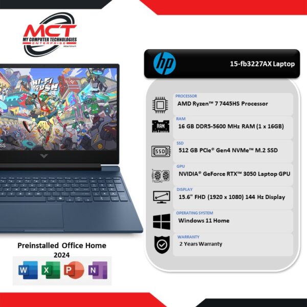 HP Victus 15-fb3227AX 15.6" FHD 144Hz Gaming Laptop Performance Blue (R7-7445HS, 16GB DDR5, 512GB SSD, RTX3050 6GB, W11, HS+M365, 2Y)