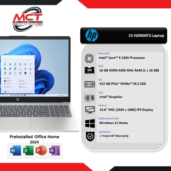 HP 15-fd0906TU 15.6" FHD Laptop Moonlight Blue (C5-120U, 16GB DDR5, 512GB SSD, Intel, W11, HS+M365, 2Y)