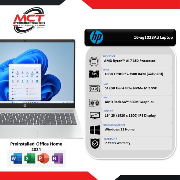 HP OmniBook 5 NGAI 16-ag1023AU 16" 2K Laptop Glacier Silver (AI 7 350, 16GB LPDDR5x, 512GB SSD, ATI, W11, HS+M365, 2Y)