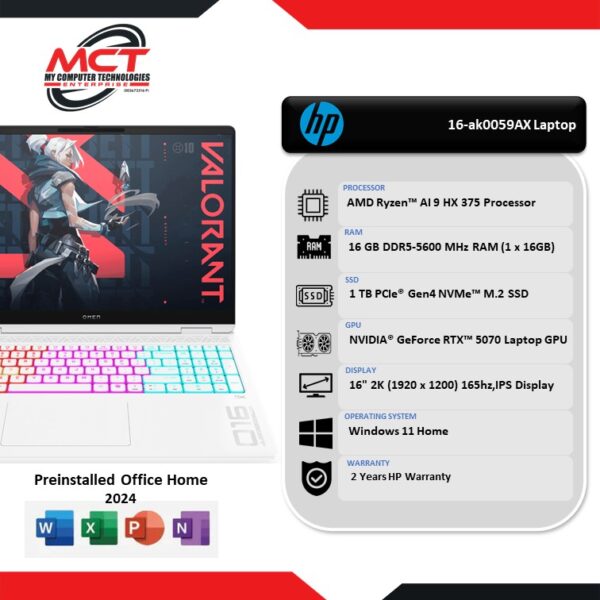 HP OMEN MAX 16-ak0059AX 16" 2K 165Hz Gaming Laptop Ceramic White (AI 9 HX 375, 16GB DDR5, 1TB SSD, RTX™ 5070, W11, HS+M365, 2Y)