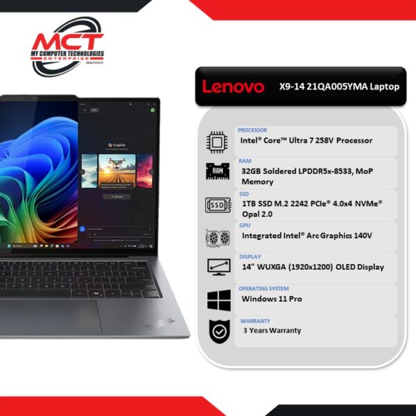 Lenovo ThinkPad X9-14 21QA005YMA 14'' WUXGA Gen 1 Aura Edition Laptop Grey (CU7-258V, 32GB LPDDR5x, 1TB SSD, Intel Arc, W11P, 3Y)