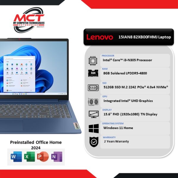 Lenovo IdeaPad Slim 3 15IAN8 82XB00FHMJ 15.6'' FHD Laptop Abyss Blue (i3-N305, 8GB LPDDR5, 512GB SSD, Intel, W11, HS+M365, 2Y)