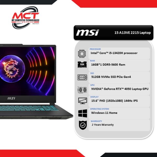 MSI Cyborg 15 A13VE 2215 15.6" FHD 144Hz Gaming Laptop (i5-13420H, 16GB DDR5, 512GB SSD, RTX4050, W11, 2Y)