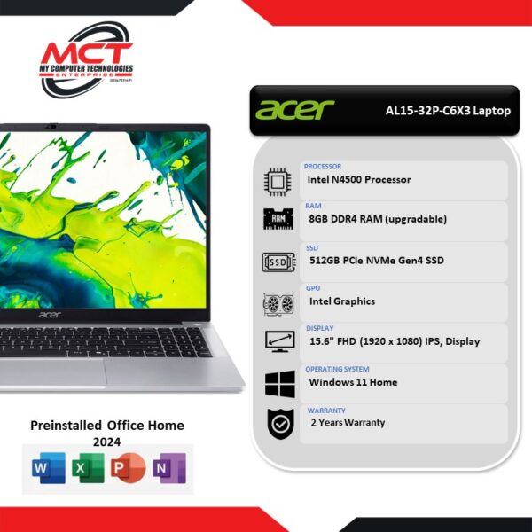 Acer Aspire Lite 15 AL15-32P-C6X3 15.6" FHD Laptop Pure Silver (N4500, 8GB DDR4, 512GB SSD, Intel, W11, HS+M365, 2Y)
