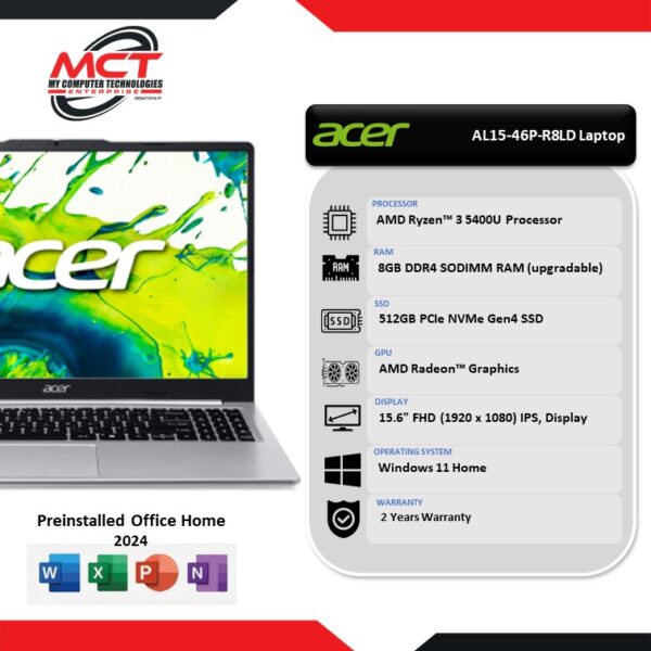 Acer Aspire Lite 15 AL15-46P-R8LD 15.6" FHD Laptop Light Silver (R3-5400U, 8GB DDR4, 512GB SSD, ATI, W11, HS+M365, 2Y)