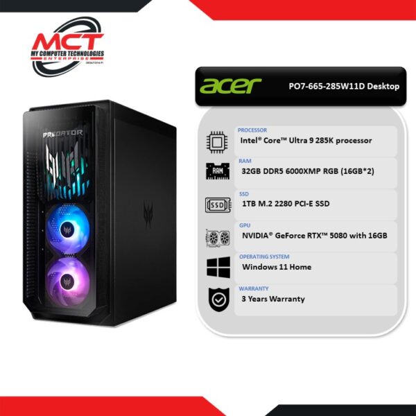 Acer Predator Orion 7000 PO7-665-285W11D Gaming Desktop PC (CU9-285K, 32GB DDR5, 1TB SSD, RTX5080, W11H, 3Y)
