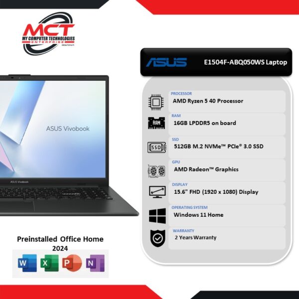 Asus VivoBook Go 15 E1504F-ABQ050WS 15.6'' FHD Laptop Mixed Black (R5 40, 16GB LPDDR5, 512GB SSD, ATI, W11, HS+M365, 2Y)