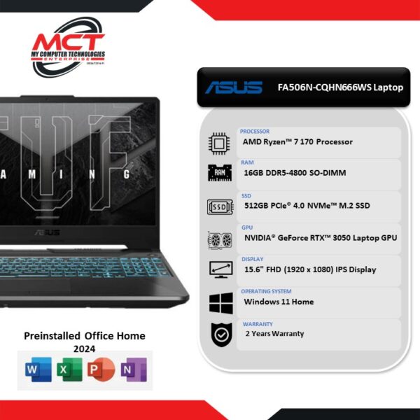 ASUS TUF Gaming A15 FA506N-CQHN666WS 15.6'' FHD 144Hz Gaming Laptop (R7-170, 16GB DDR5, 512GB SSD, RTX3050, W11, HS+M365, 2Y)
