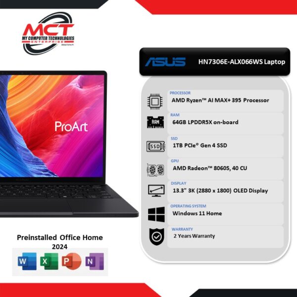 ASUS ProArt PX13 HN7306E-ALX066WS 13.3? 3K OLED Touch Nano Black (AI MAX+ 395, 64GB LPDDR5X, 1TB SSD, AMD Radeon, W11, H&S 2024+M365, 2Y)