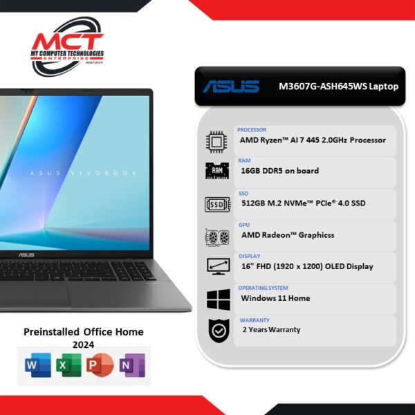 Asus VivoBook S16 M3607G-ASH645WS 16" FHD OLED Laptop Matte Gray (Ryzen AI 7 445, 16GB DDR5, 512GB SSD, ATI, W11, H&S 2024+M365, 2Y)