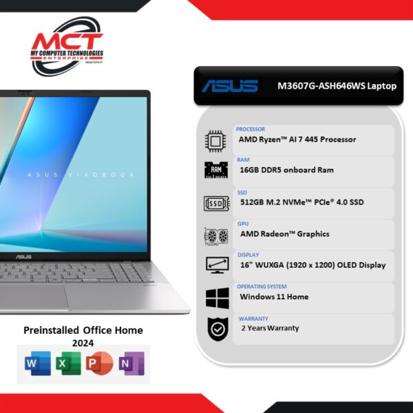 Asus VivoBook S 16 M3607G-ASH646WS 16'' WUXGA OLED 60Hz Laptop Cool Silver (Ryzen AI 7 445, 16GB DDR5, 512GB SSD, ATI, W11, HS+M365, 2Y)