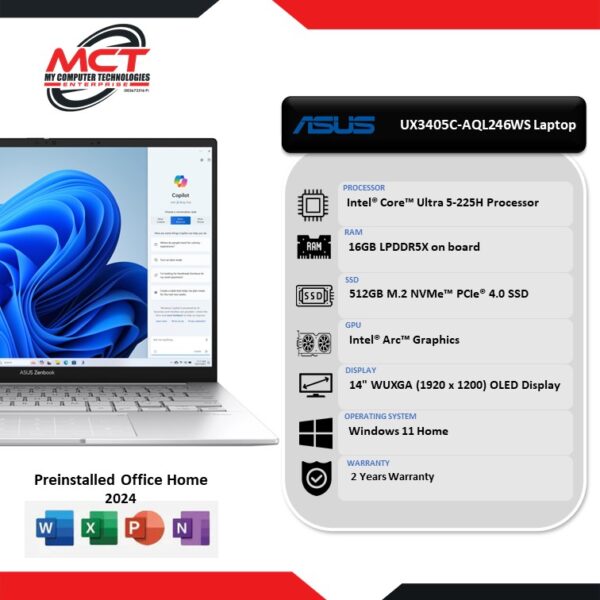 Asus Zenbook 14 UX3405C-AQL246WS 14” WUXGA OLED Laptop Foggy Silver (CU5-225H, 16GB LPDDR5X, 512B SSD, Intel Arc, W11, HS+M365, 2Y)