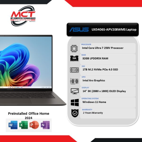 ASUS ZENBOOK 5 UX5406S-APV208WMS 14'' 3K Laptop (CU7-258V, 32GB LPDDR5X, 1TB SSD, Arc Graphics, W11, H&S 2021+M365, 2Y)