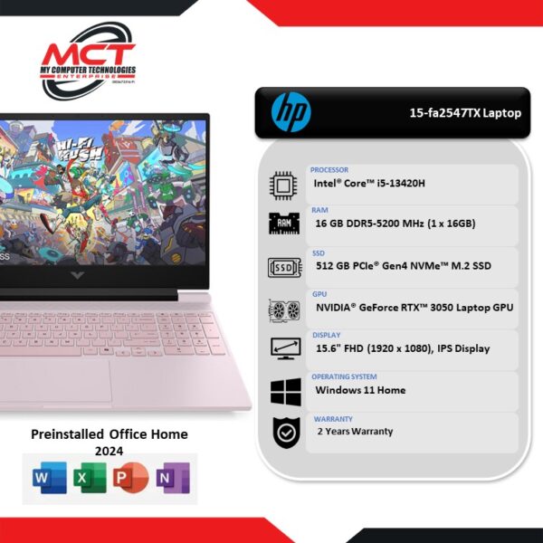 HP Victus 15-fa2547TX 15.6" FHD 144Hz Gaming Laptop Powder Pink (i5-13420H, 16GB DDR5, 512GB SSD, RTX3050, W11, H&S & M365, 2Y)