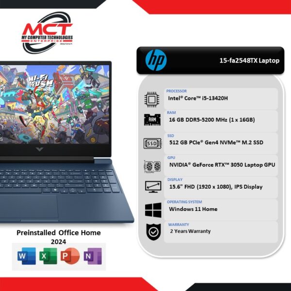 HP Victus 15-fa2548TX 15.6" FHD 144Hz Gaming Laptop Performance Blue (i5-13420H, 16GB DDR5, 512GB SSD, RTX3050, W11, H&S & M365, 2Y)