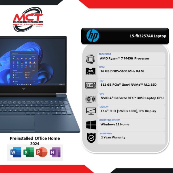 HP Victus 15-fb3257AX 15.6'' FHD 144Hz Gaming Laptop Performance Blue (R7-7445H, 16GB DDR5, 512GB SSD, RTX3050 6GB, H&S, W11, 2Y)