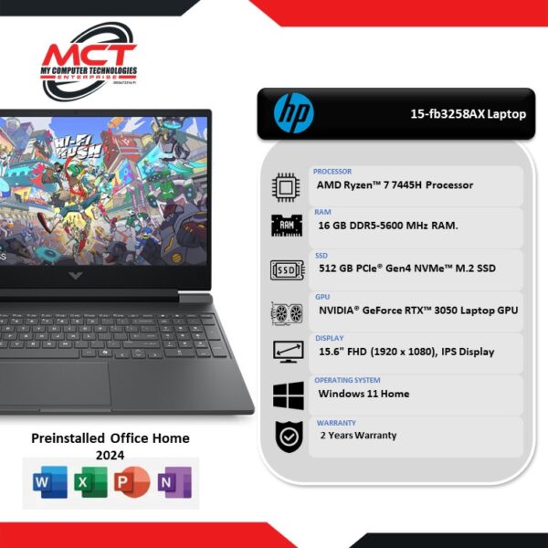 HP Victus 15-fb3258AX 15.6'' FHD 144Hz Gaming Laptop Mica Silver (R7-7445H, 16GB DDR5, 512GB SSD, RTX3050 6GB, H&S, W11, 2Y)