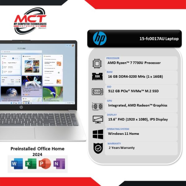 HP 15-fc0017AU 15.6" FHD Laptop Natural Silver (R7-7730U, 16GB DDR4, 512GB SSD, ATI, W11, H&S 2024&M365, 2Y)