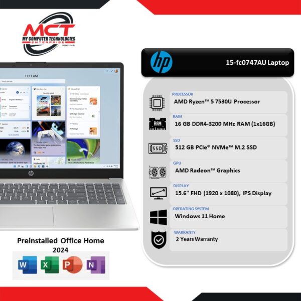 HP 15-fc0747AU 15.6" FHD Laptop Natural Silver (R5-7530U, 16GB DDR4, 512GB SSD, ATI, W11, HS, 2Y)