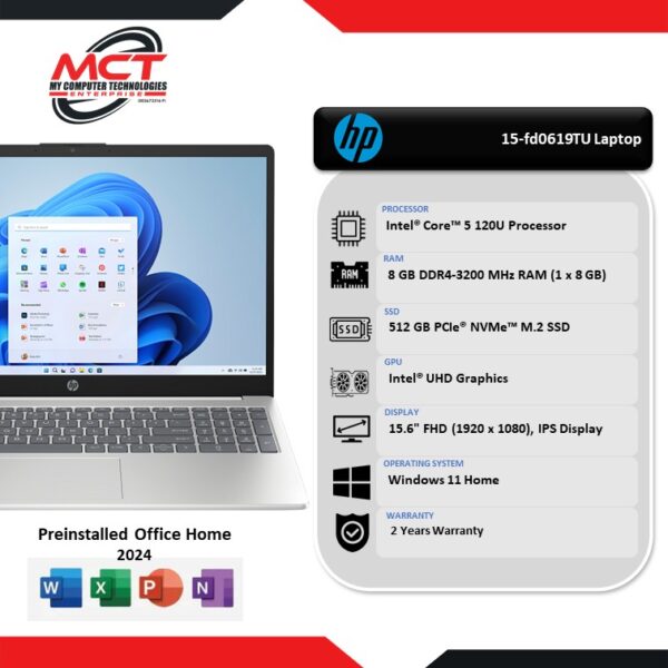 HP 15-fd0619TU 15.6" FHD Laptop Diamond White (C5-120U, 8GB DDR4, 512GB SSD, Intel, W11, HS+M365, 2Y)