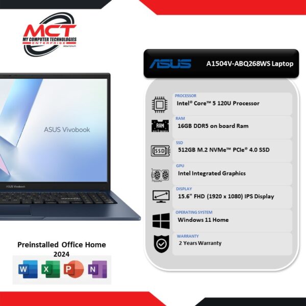 Asus Vivobook 15 A1504V-ABQ268WS 15.6'' FHD Laptop (C5-120U, 16GB DDR5, 512GB SSD, Intel, W11, HS+M365, 2Y)