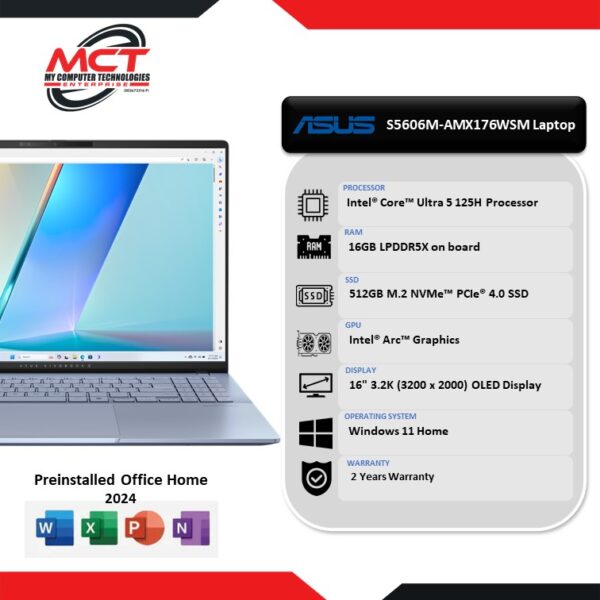 Asus VivoBook S 16 OLED S5606M-AMX176WSM 16'' 3.2K Laptop Mist Blue (CU5-125H, 16GB LPDDR5X, 512GB SSD, Intel, W11, HS+M365 , 2Y)