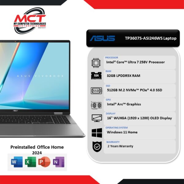 Asus Vivobook 16 Flip TP3607S-ASI246WS 16'' WUXGA OLED Laptop Matte Gray (CU7-258V, 32GB LPDDR5X, 512GB SSD, Intel Arc, W11, HS+M365 , 2Y)