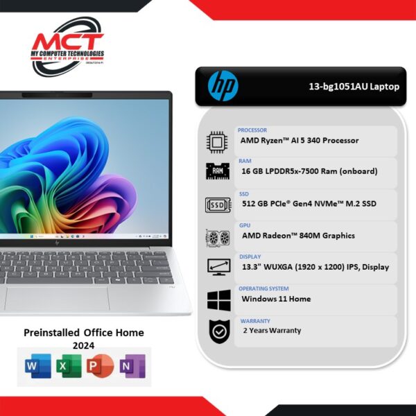 HP OmniBook 7 Aero 13-bg1051AU 13.3" WUXGA Laptop (AI 5 340, 16GB LPDDR5x, 512GB SSD, ATI, W11, HS+M365, 2Y)