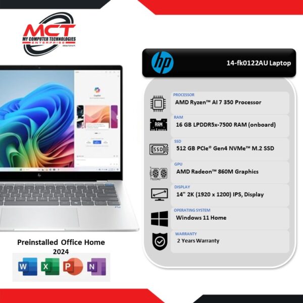 HP OmniBook X FlipNGAI 14-fk0122AU 14" 2K Touch 2-in-1 Laptop (AI 7 350, 16GB LPDDR5x, 512GB SSD, ATI, W11, HS+M365, 2Y)