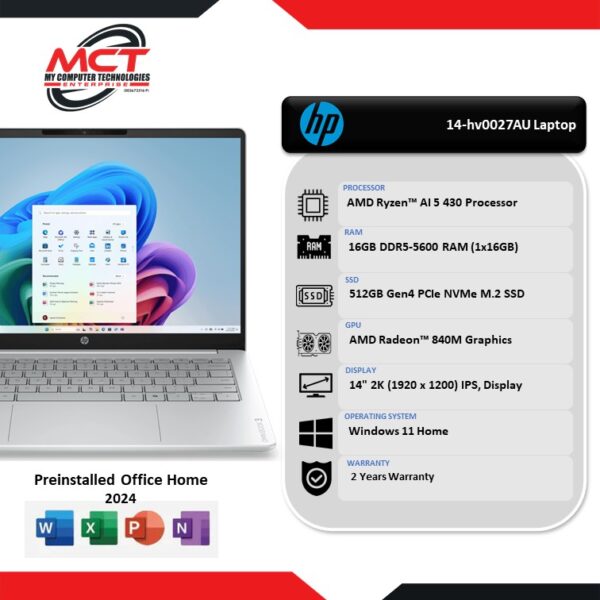 HP OmniBook 3 NGAI 14-hv0027AU 14" 2K Laptop Glacier Silver And Canvas Gray (AI 5 430, 16GB DDR5, 512GB SSD, ATI, W11, HS+M365, 2Y)