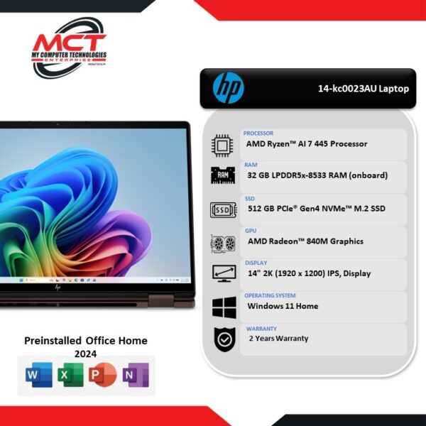 HP OmniBook X FlipNGAI 14-kc0023AU/14-kc0024AU 14" 2K Touch 2-in-1 Laptop (AI 7 445, 32GB LPDDR5x, 512GB SSD, ATI, W11, HS+M365, 2Y)