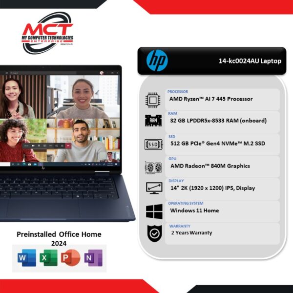 HP OmniBook X FlipNGAI 14-kc0024AU 14" 2K Touch 2-in-1 Laptop (AI 7 445, 32GB LPDDR5x, 512GB SSD, ATI, W11, HS+M365, 2Y)