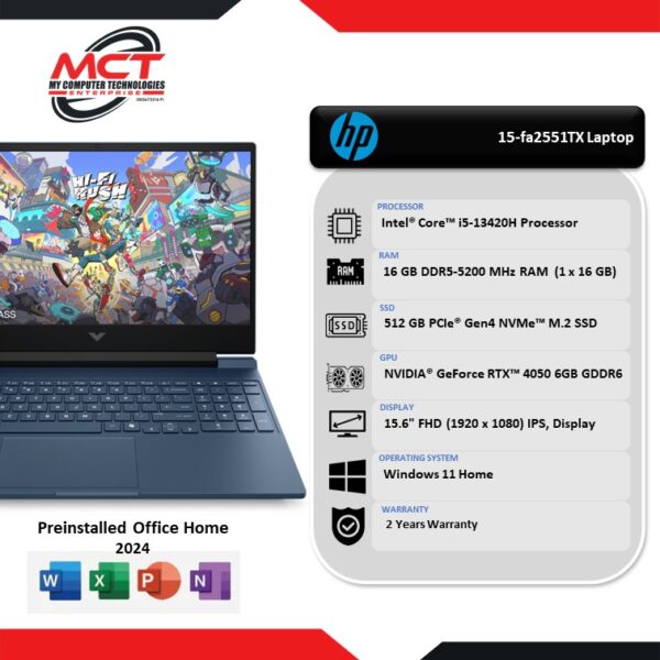 HP Victus 15-fa2551TX 15.6" FHD 144Hz Gaming Laptop Performance Blue (i5-13420H, 16GB DDR5, 512GB SSD, RTX4050 6GB, W11, HS+M365, 2Y)