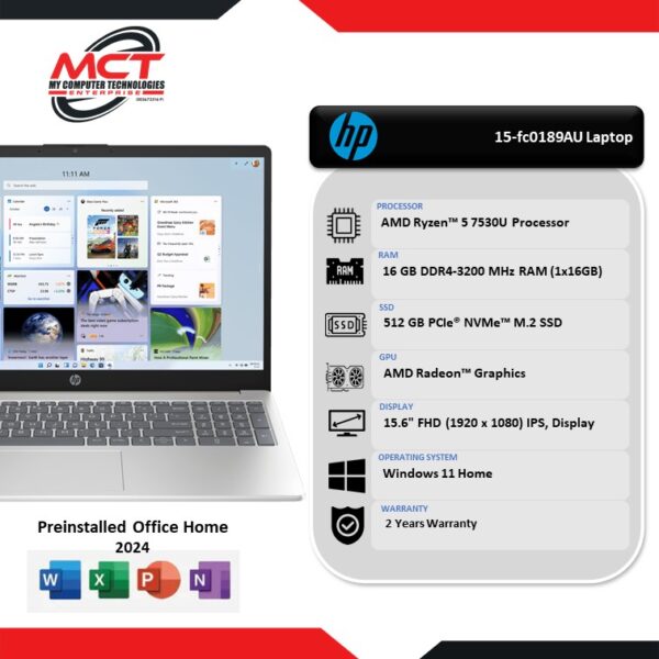 HP 15-fc0189AU 15.6" FHD Laptop (R5-7530U, 16GB DDR4, 512GB SSD, ATI, W11, HS+M365, 3Y)