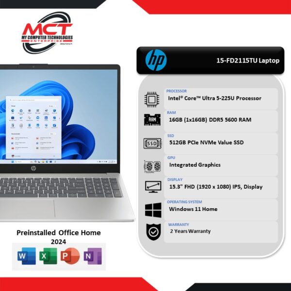 HP 15-FD2115TU 15.6" FHD Laptop Gold (CU5-225U, 16GB DDR5, 512GB SSD, INT, W11, HS+M365, 2Y)