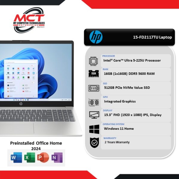 HP 15-FD2117TU 15.6" FHD Laptop Silver (CU5-225U, 16GB DDR5, 512GB SSD, INT, W11, HS+M365, 2Y)