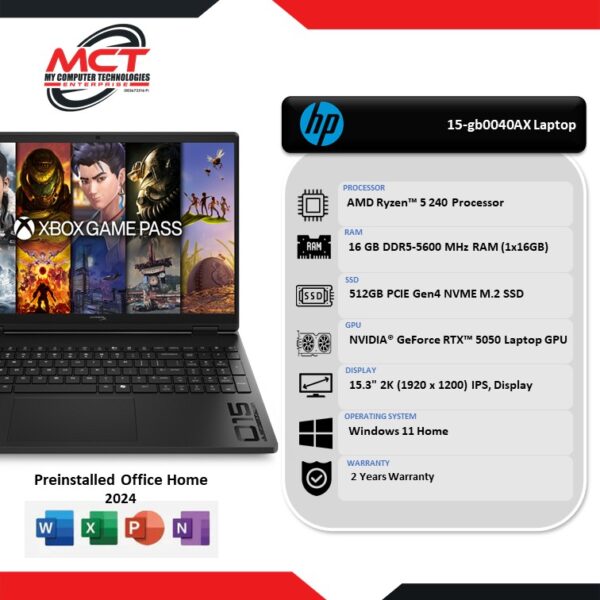 HP HyperX OMEN 15-gb0040AX 15.3'' 2K 165Hz Gaming Laptop Shadow Black (R5-240, 16GB DDR5, 512GB SSD, RTX5050 8GB, W11, HS+M365, 2Y)