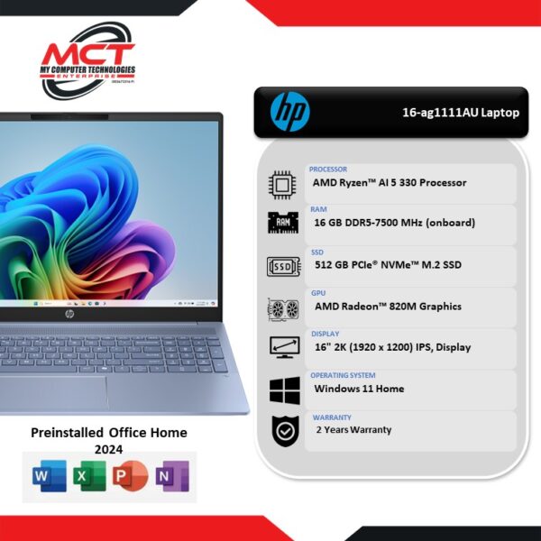 HP Omnibook 5 16-ag1111AU 16" 2K AI Laptop Sky Blue (Ryzen AI 5 330 ,16GB DDR5, 512GB, ATI, W11, H&S 2024&M365, 2Y)