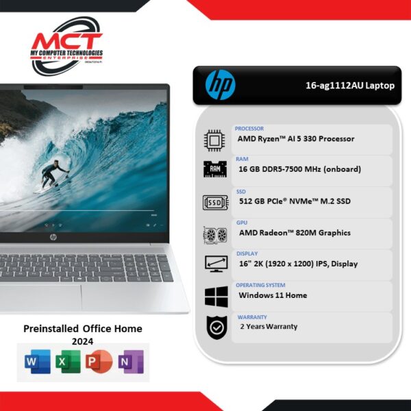 HP Omnibook 5 16-ag1112AU 16" 2K AI Laptop Glacier Silver (Ryzen AI 5 330 ,16GB DDR5, 512GB, ATI, W11, H&S 2024&M365, 2Y)