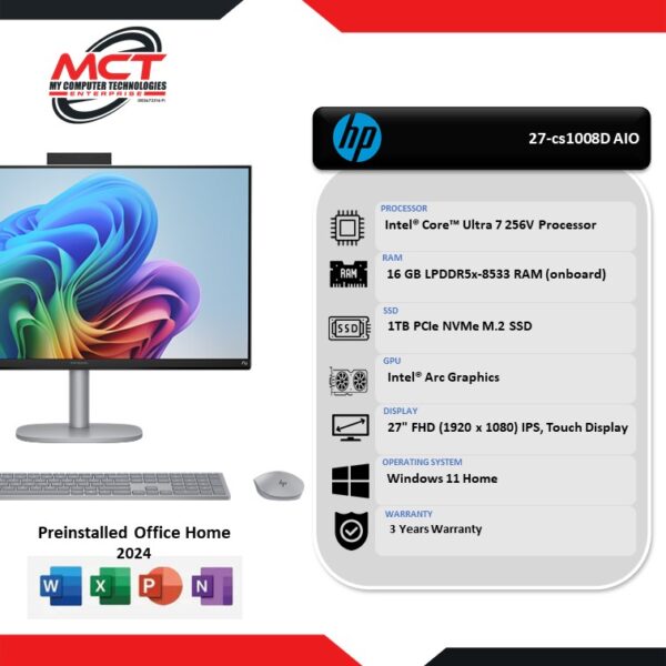 HP OmniStudio X NGAI 27-cs1008D 27" FHD Touch All-in-One Desktop PC (CU7-256V, 16GB LPDDR5x, 1TB SSD, Intel Arc, W11, H&S+M365, 3Y)