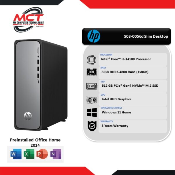 HP OmniDesk S03-0056d Slim Desktop PC (i3-14100, 8GB DDR5, 512GB SSD, Intel, W11, HS+M365, 3Y)