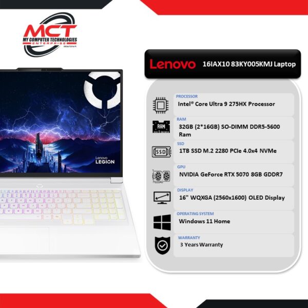 Lenovo Legion 7 16IAX10 83KY005KMJ 16" WQXGA 240Hz Gaming Laptop Glacier White (CU9 275HX, 32GB DDR5, 1TB SSD, RTX 5070 8GB, W11, 3Y)