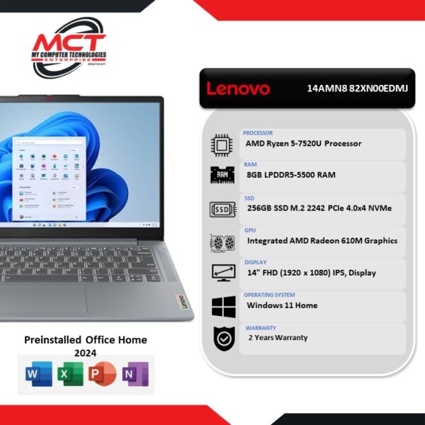 Lenovo Ideapad Slim 3 14AMN8 82XN00EDMJ 14" FHD IPS Laptop Arctic Grey (R5-7520U, 8GB LPDDR5, 256GB SSD, ATI, W11, HS+M365, 2Y)