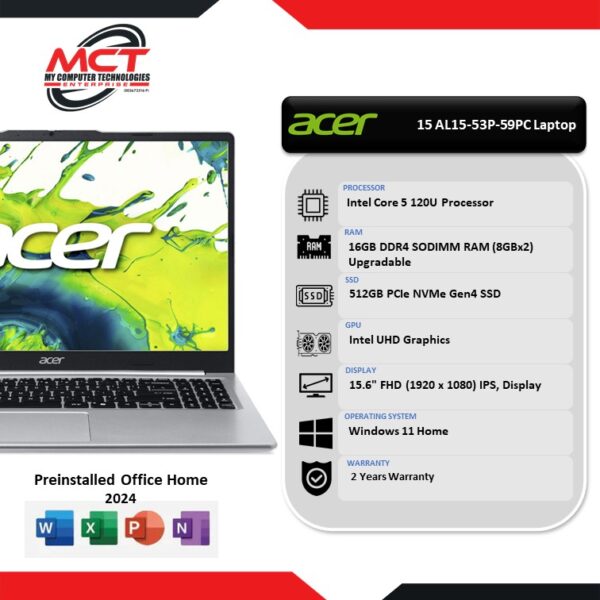 Acer Aspire Lite 15 AL15-53P-59PC 15.6" FHD Laptop Light Silver (C5-120U, 16GB DDR4, 512GB SSD, Intel, W11, HS+M365, 2Y)