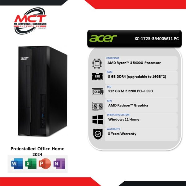 Acer Aspire XC-1725-35400W11 Desktop (R3-5400U, 8GB DDR4, 512GB SSD, AMD Radeon, W11, HS+M365, 3Y)