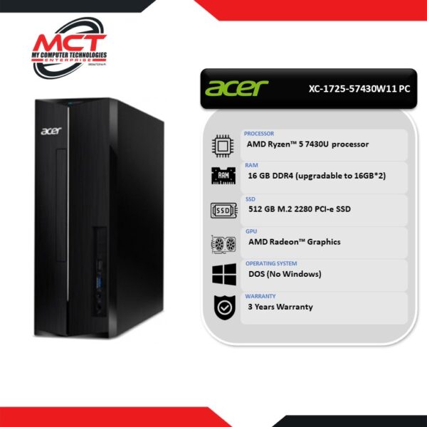 Acer Aspire XC-1725-57430W11 Desktop PC (R5-7430U, 16GB, 512GB SSD, AMD Radeon, H&S, DOS, 3Y)